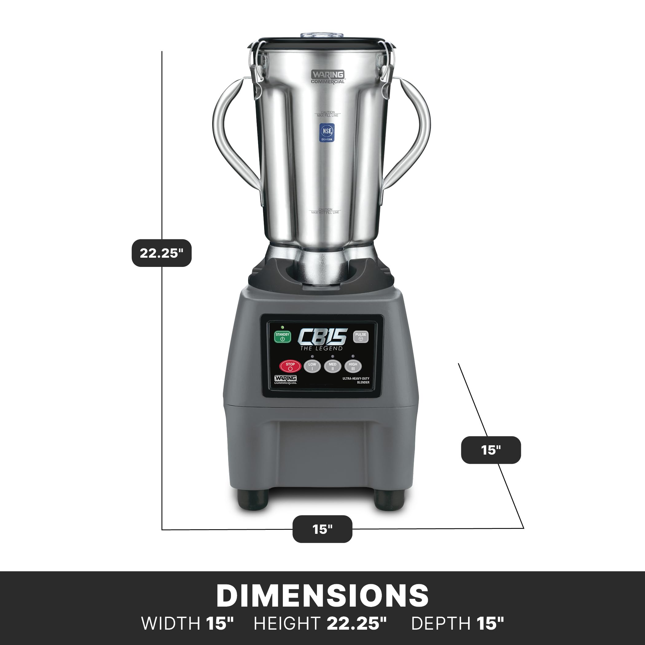 Waring Commercial CB15 Ultra Heavy Duty 3.75 HP Blender, Electric Touchpad Controls with Stainless Steel 1 Gallon Container, 120V, 5-15 Phase Plug,Black