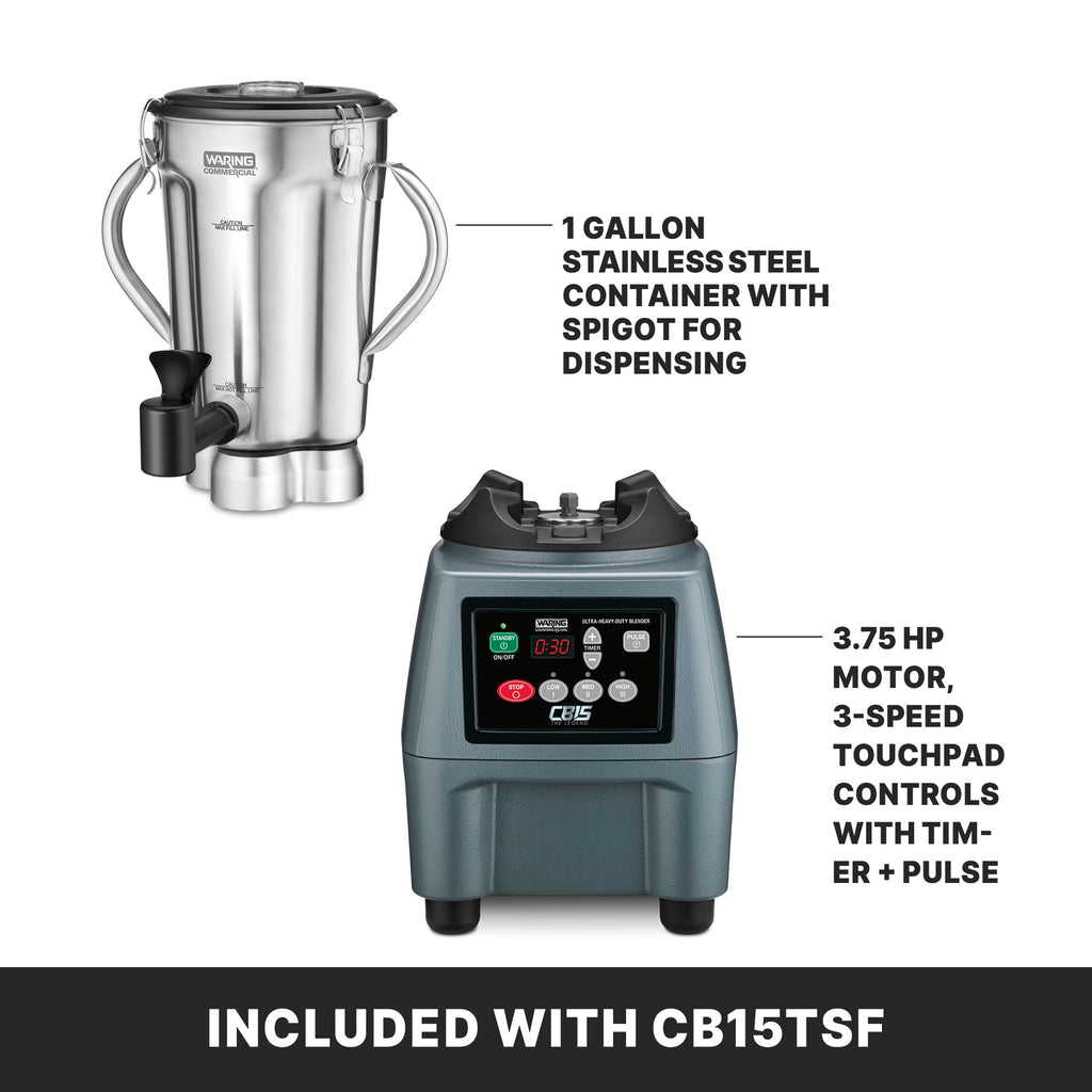 Waring Commercial CB15 Ultra Heavy Duty 3.75 HP Blender, Electric Touchpad Controls with Stainless Steel 1 Gallon Container, 120V, 5-15 Phase Plug,Black