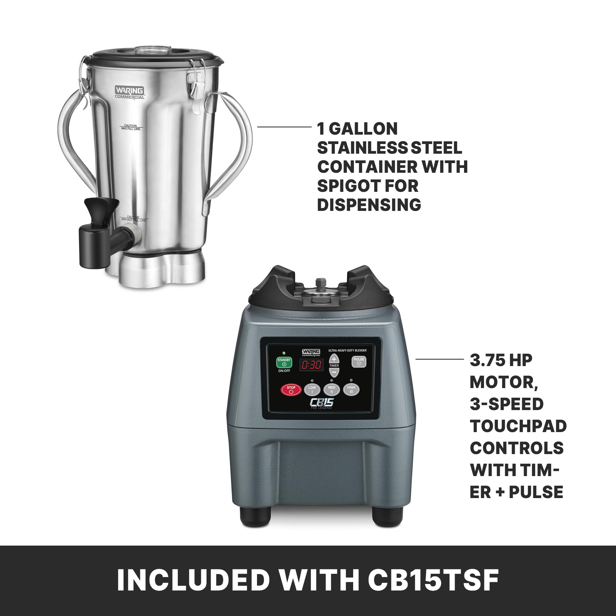 Waring Commercial CB15 Ultra Heavy Duty 3.75 HP Blender, Electric Touchpad Controls with Stainless Steel 1 Gallon Container, 120V, 5-15 Phase Plug,Black