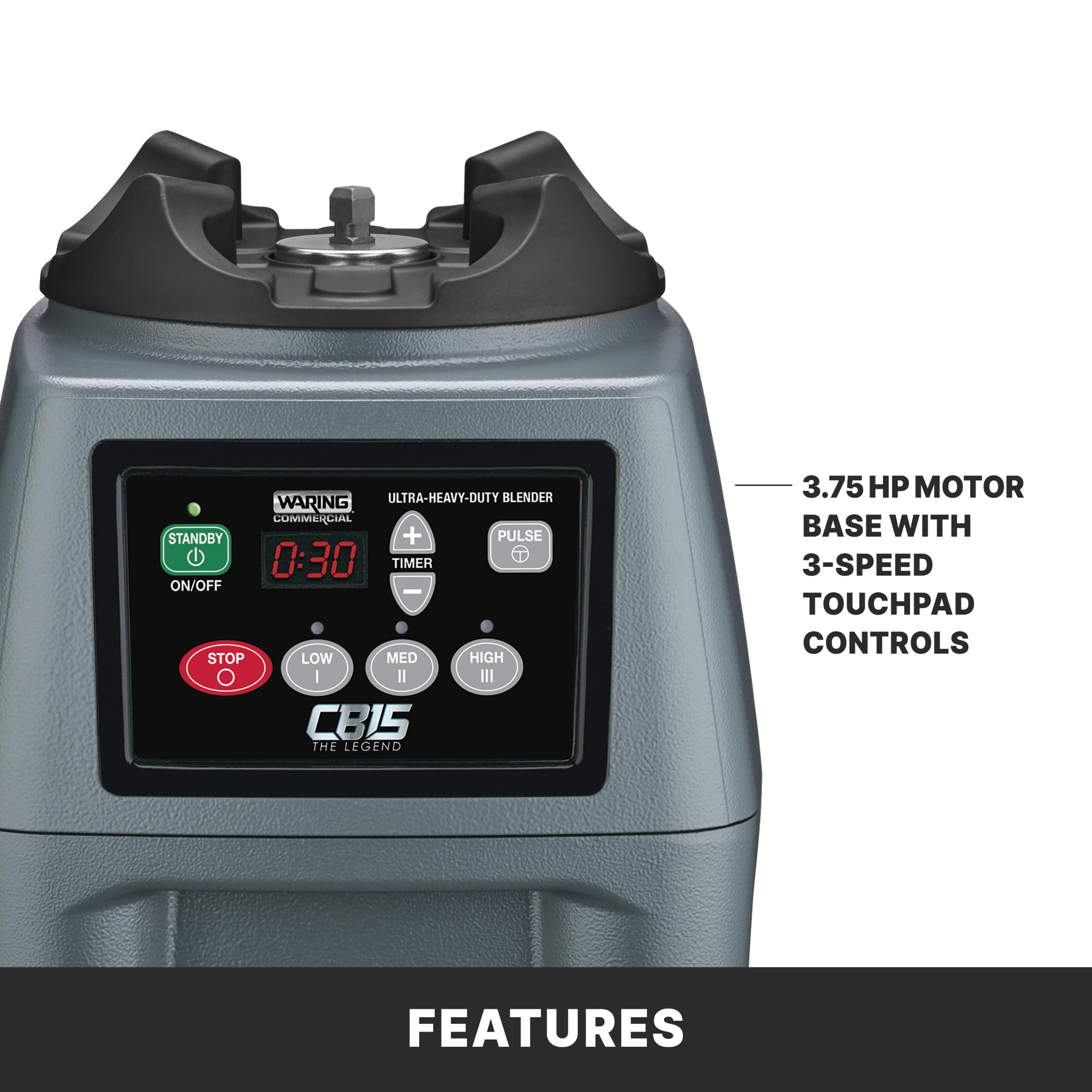 Waring Commercial CB15 Ultra Heavy Duty 3.75 HP Blender, Electric Touchpad Controls with Stainless Steel 1 Gallon Container, 120V, 5-15 Phase Plug,Black