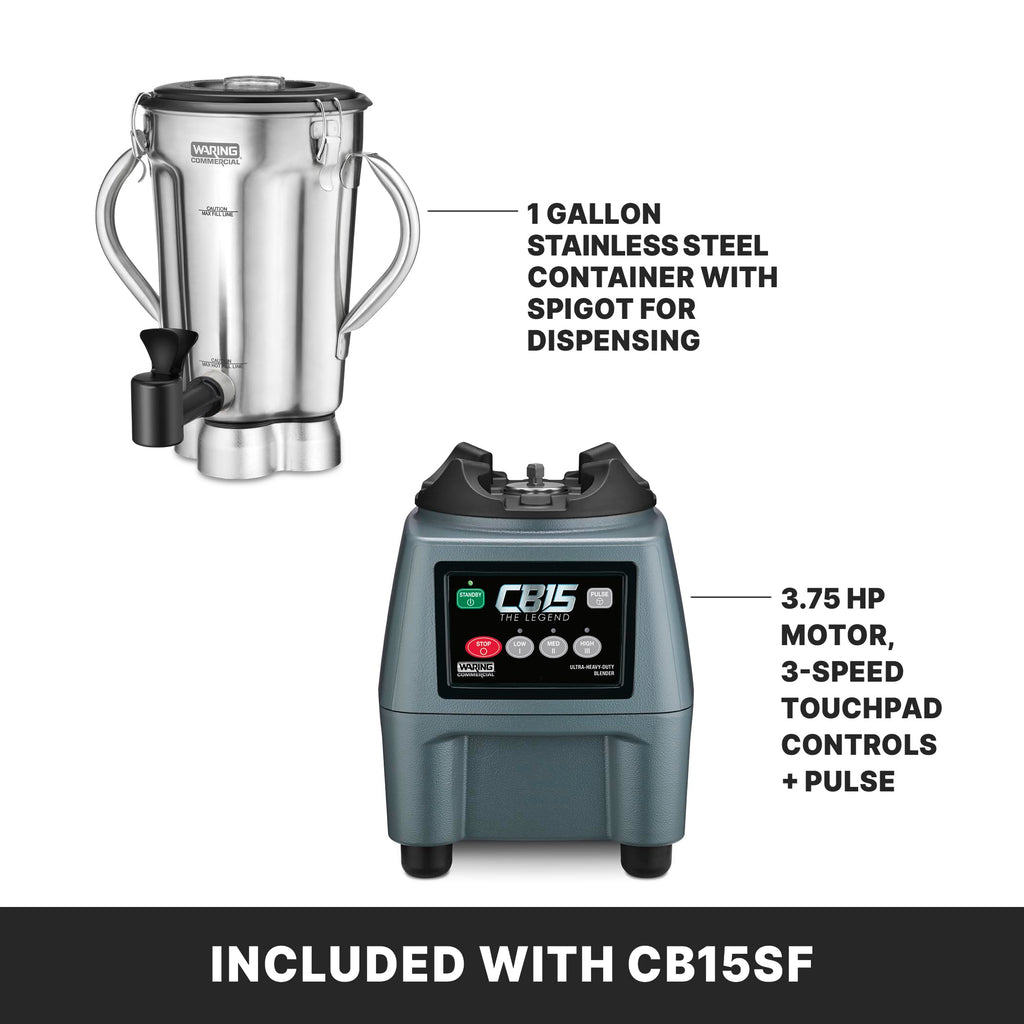 Waring Commercial CB15 Ultra Heavy Duty 3.75 HP Blender, Electric Touchpad Controls with Stainless Steel 1 Gallon Container, 120V, 5-15 Phase Plug,Black