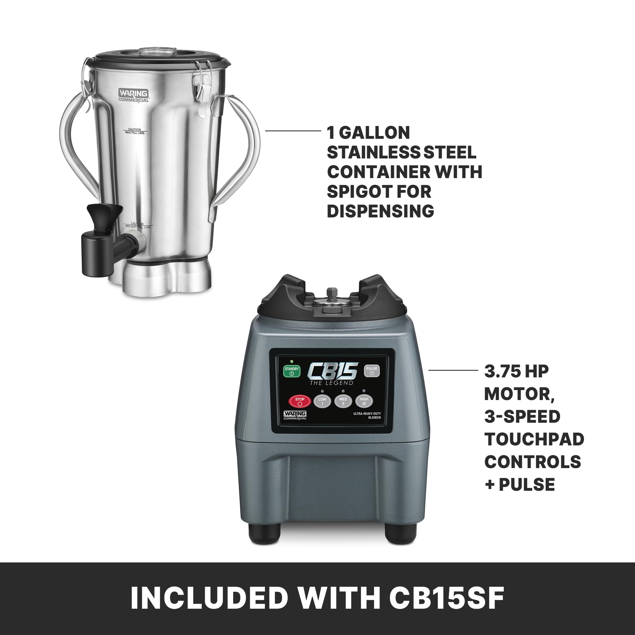Waring Commercial CB15 Ultra Heavy Duty 3.75 HP Blender, Electric Touchpad Controls with Stainless Steel 1 Gallon Container, 120V, 5-15 Phase Plug,Black