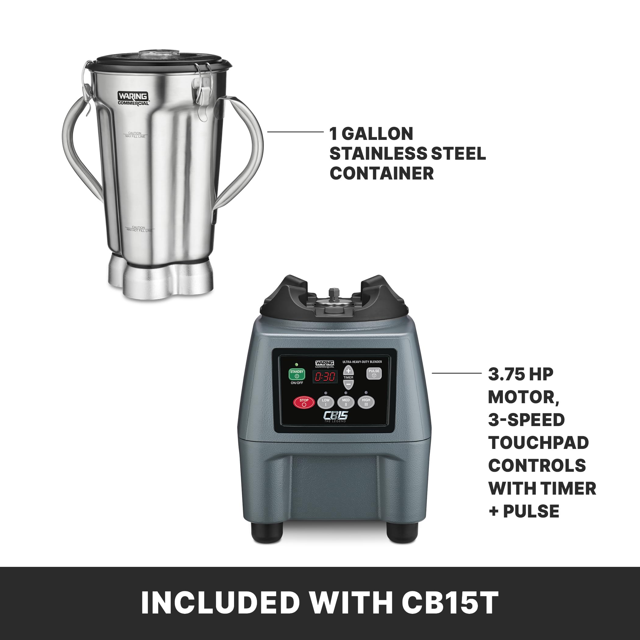 Waring Commercial CB15 Ultra Heavy Duty 3.75 HP Blender, Electric Touchpad Controls with Stainless Steel 1 Gallon Container, 120V, 5-15 Phase Plug,Black