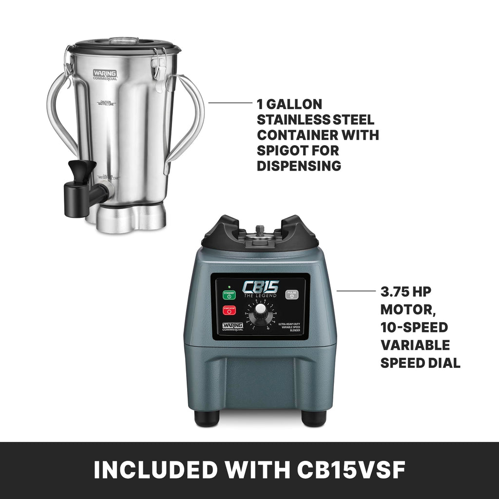 Waring Commercial CB15 Ultra Heavy Duty 3.75 HP Blender, Electric Touchpad Controls with Stainless Steel 1 Gallon Container, 120V, 5-15 Phase Plug,Black