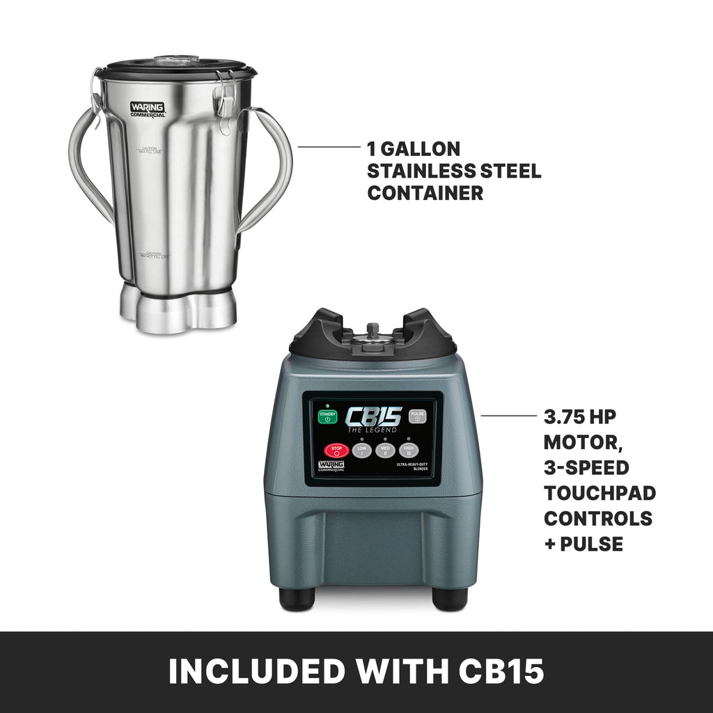 Waring Commercial CB15 Ultra Heavy Duty 3.75 HP Blender, Electric Touchpad Controls with Stainless Steel 1 Gallon Container, 120V, 5-15 Phase Plug,Black