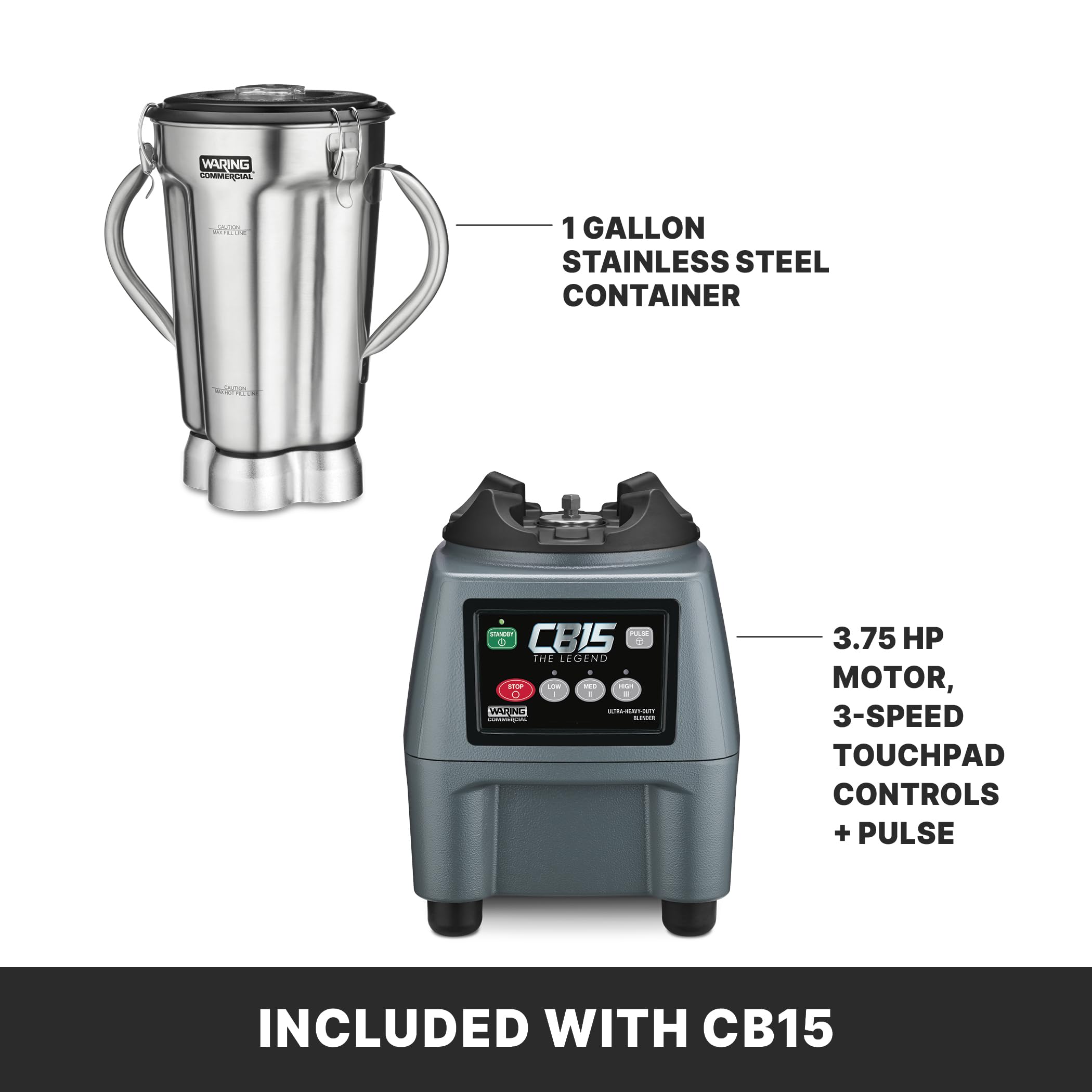 Waring Commercial CB15 Ultra Heavy Duty 3.75 HP Blender, Electric Touchpad Controls with Stainless Steel 1 Gallon Container, 120V, 5-15 Phase Plug,Black