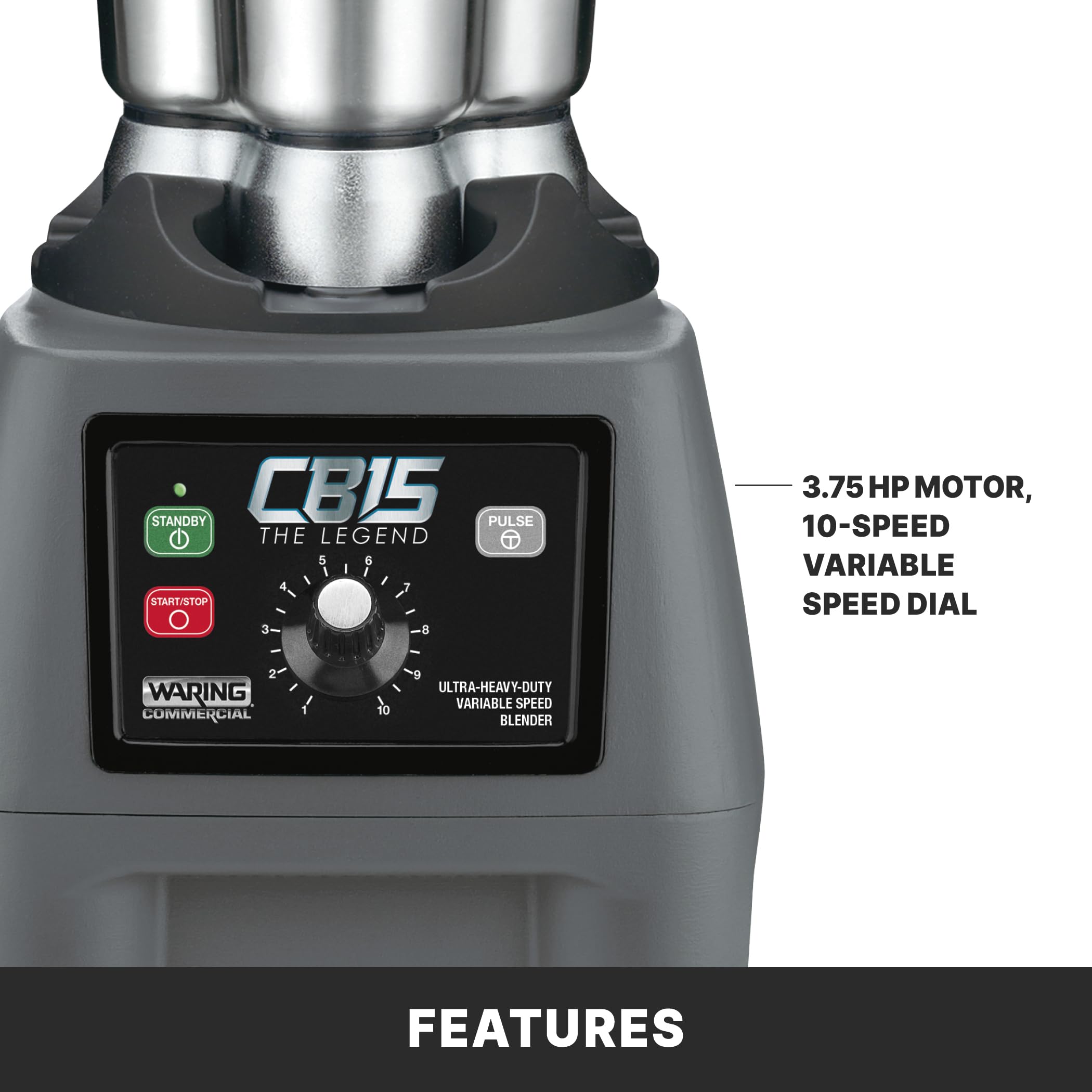 Waring Commercial CB15 Ultra Heavy Duty 3.75 HP Blender, Electric Touchpad Controls with Stainless Steel 1 Gallon Container, 120V, 5-15 Phase Plug,Black