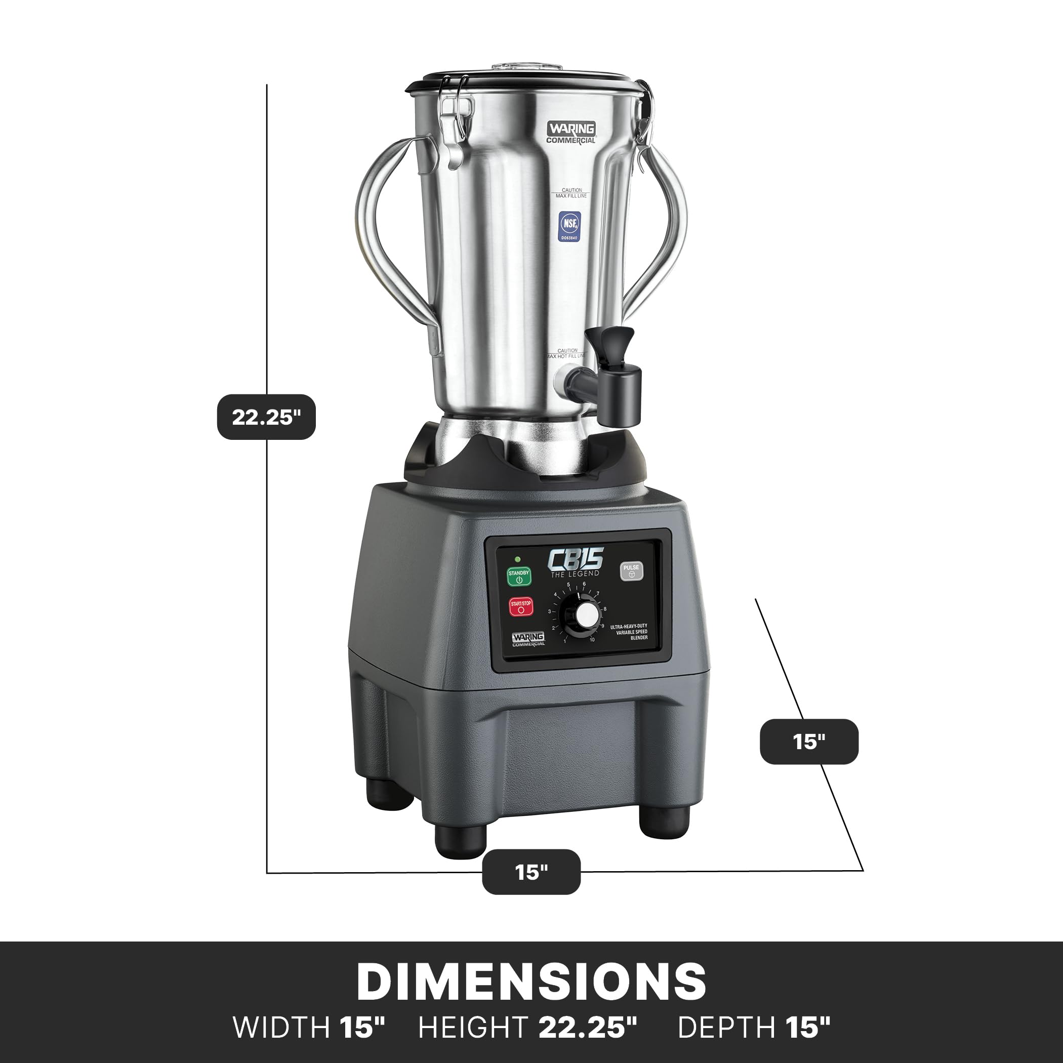Waring Commercial CB15 Ultra Heavy Duty 3.75 HP Blender, Electric Touchpad Controls with Stainless Steel 1 Gallon Container, 120V, 5-15 Phase Plug,Black