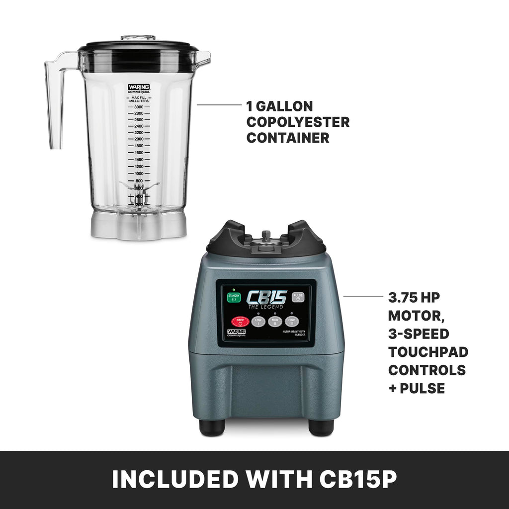 Waring Commercial CB15 Ultra Heavy Duty 3.75 HP Blender, Electric Touchpad Controls with Stainless Steel 1 Gallon Container, 120V, 5-15 Phase Plug,Black