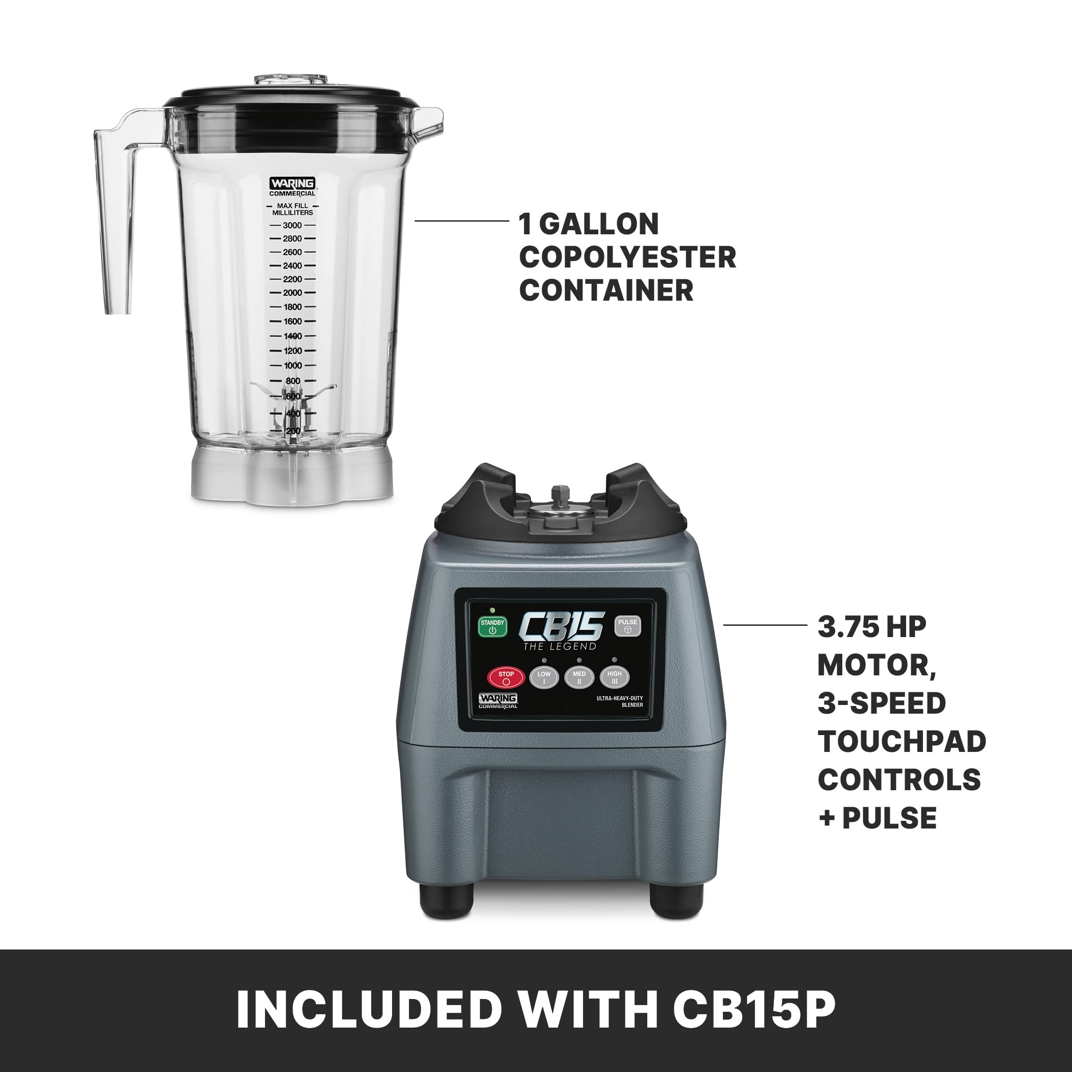 Waring Commercial CB15 Ultra Heavy Duty 3.75 HP Blender, Electric Touchpad Controls with Stainless Steel 1 Gallon Container, 120V, 5-15 Phase Plug,Black