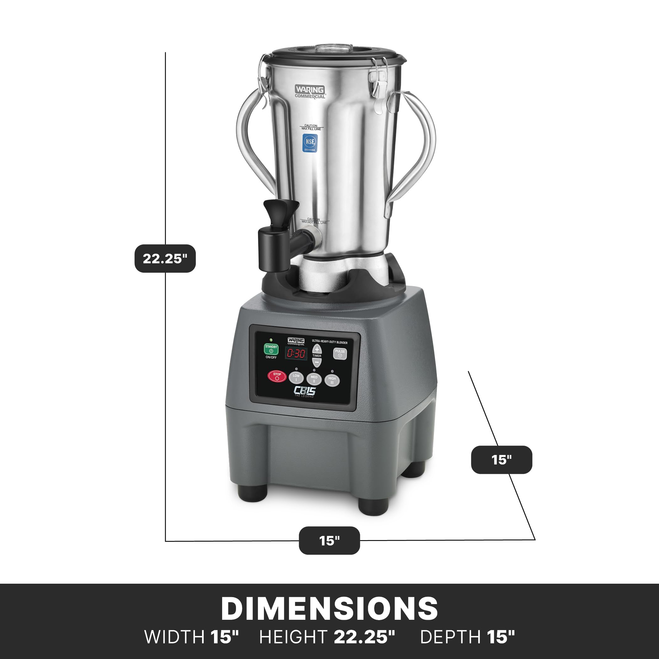 Waring Commercial CB15 Ultra Heavy Duty 3.75 HP Blender, Electric Touchpad Controls with Stainless Steel 1 Gallon Container, 120V, 5-15 Phase Plug,Black
