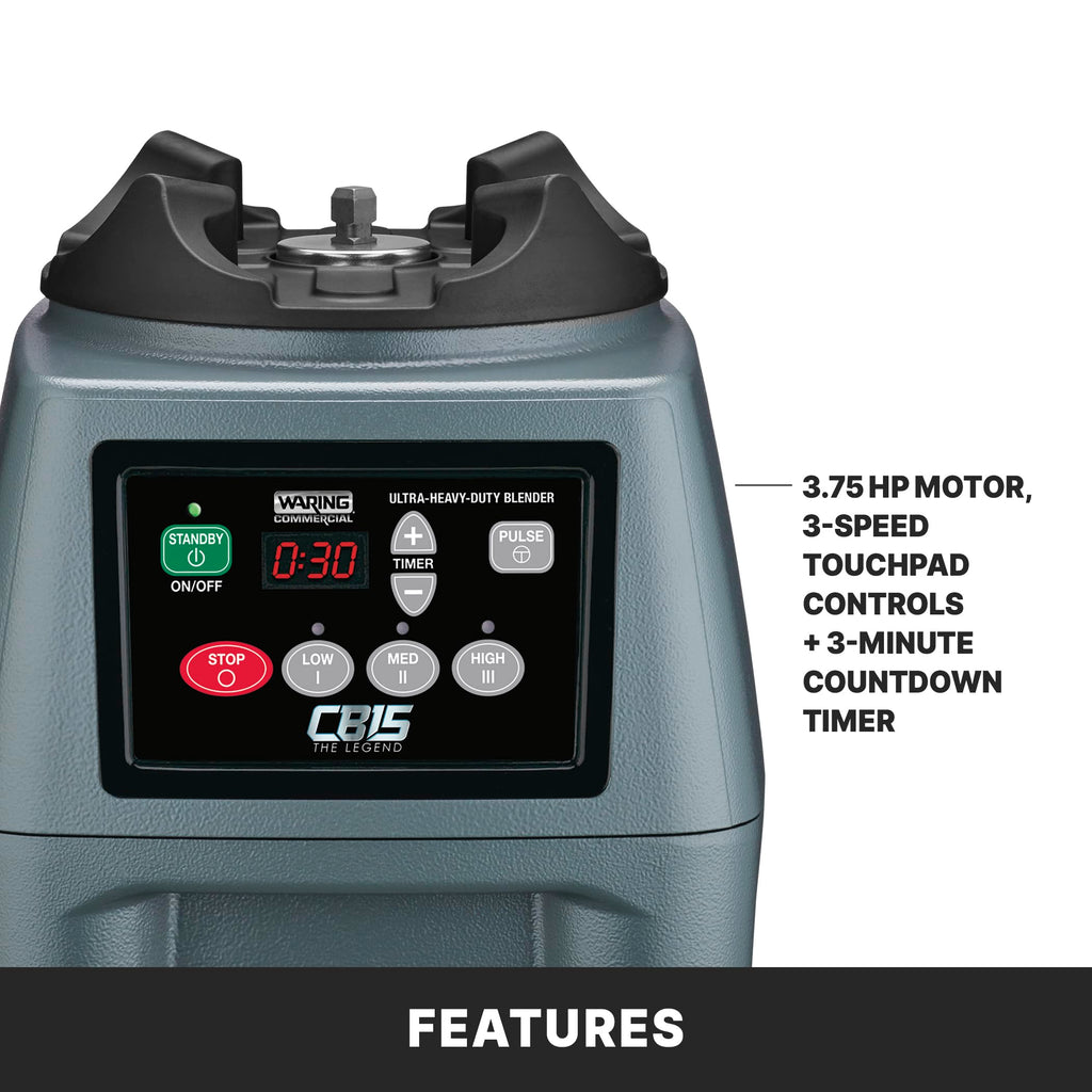 Waring Commercial CB15 Ultra Heavy Duty 3.75 HP Blender, Electric Touchpad Controls with Stainless Steel 1 Gallon Container, 120V, 5-15 Phase Plug,Black