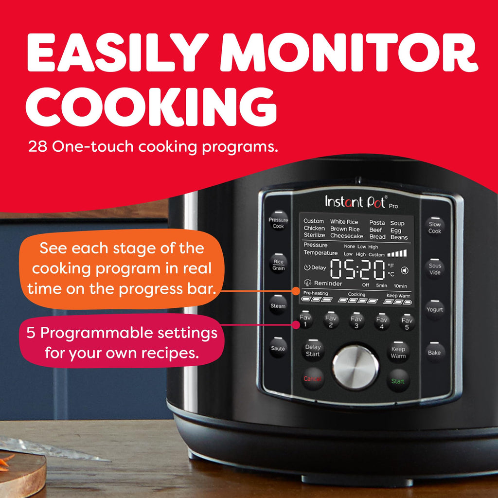 Instant Pot Pro (8 QT) 10-in-1 Pressure Cooker, Slow Cooker, Rice/Grain Cooker, Steamer, Sauté, Sous Vide, Yogurt Maker, Sterilizer, and Warmer, Includes App with Over 800 Recipes, Black